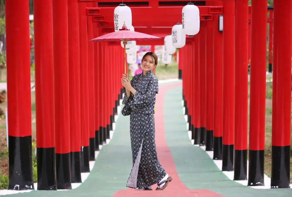 Woman wearing kimono at temple