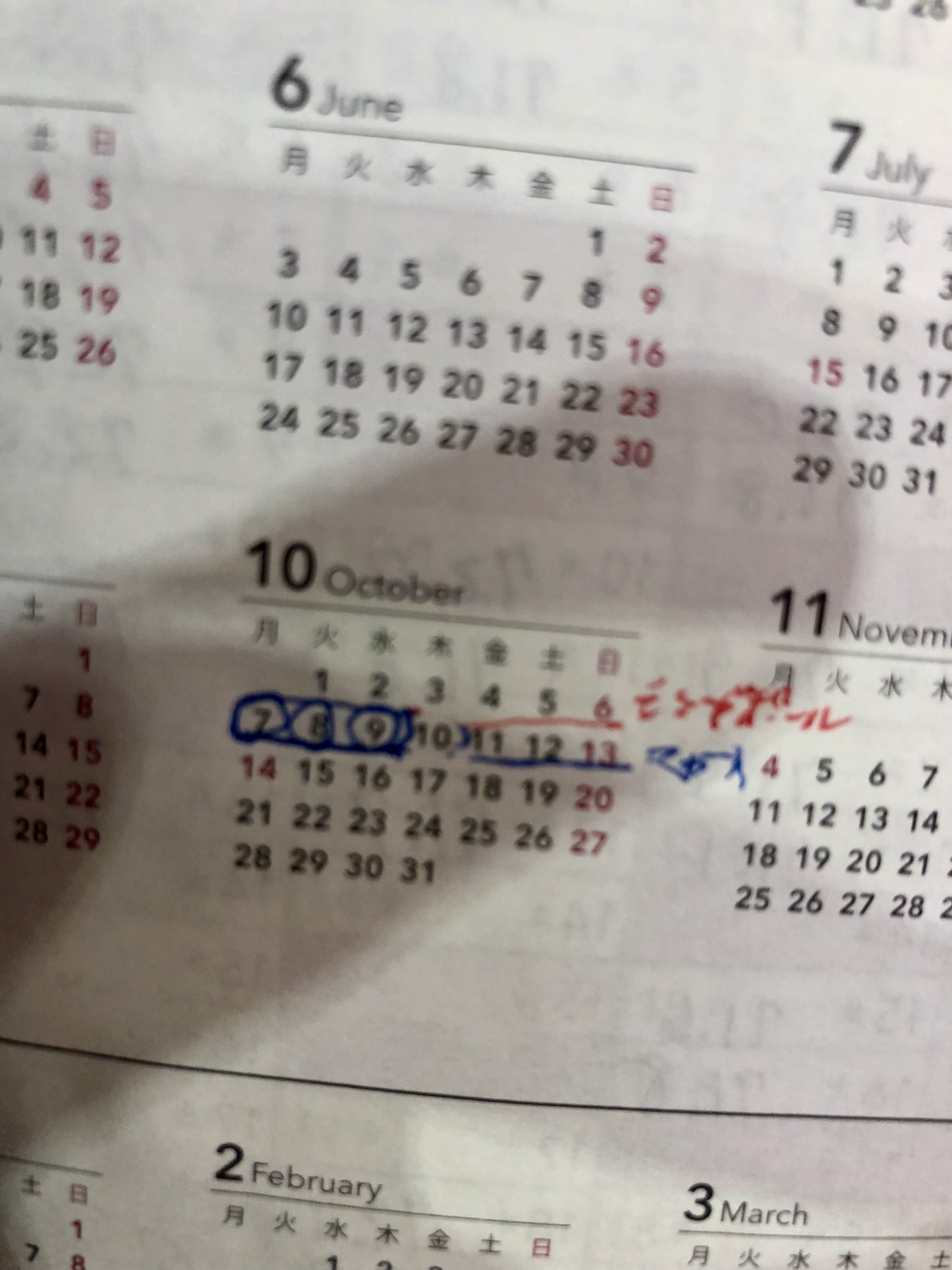 Calendar page with June, July, October, and November months and marked dates in October.