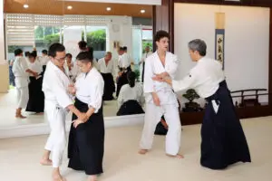 Martial arts class in dojo with two pairs practicing techniques, wearing gis and hakamas.