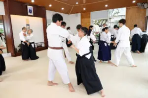 People practicing paired martial arts exercises in a traditional dojo with wooden paneling and mats.