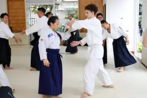 People practicing paired martial arts techniques in a dojo with wooden walls and large windows.