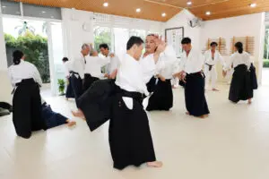 People practicing Aikido in a bright dojo wearing traditional uniforms including hakama pants.