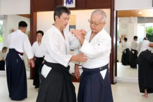 Two men practicing martial arts techniques wearing traditional white jackets and hakama pants in dojo.