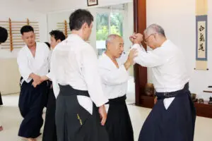 Older men practicing martial arts techniques in a dojo with others in the background.