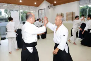 Martial arts class in a dojo with practitioners in white uniforms and black belts training in pairs.