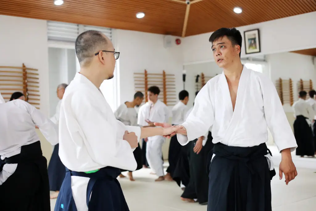 Two men in martial arts uniforms practicing technique in a dojo with others training in background
