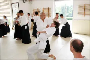 Martial artists practicing Aikido in a dojo with wooden weapons and large windows.