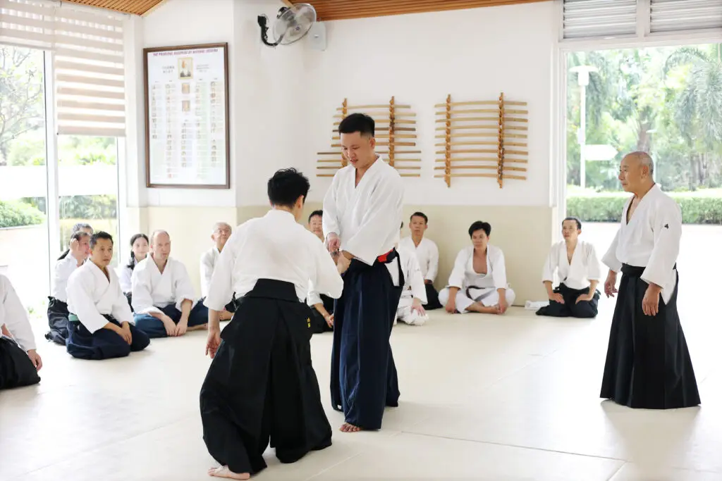Martial arts class with practitioners in traditional uniforms demonstrating techniques in a dojo.