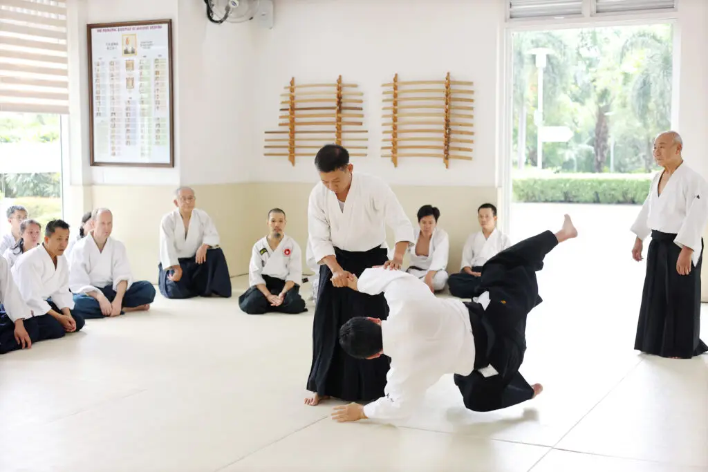 Martial arts class in dojo with one practitioner throwing another and students watching.