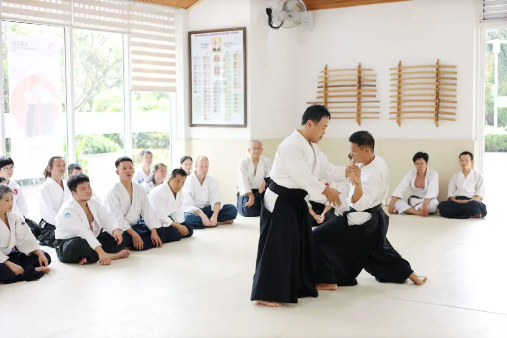 Martial arts class in dojo with two practitioners demonstrating technique and others seated watching.